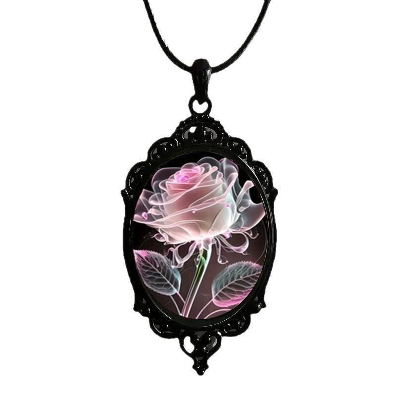 Charming Transparent Petal Rose Pattern Glass Pendant Necklace