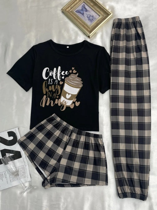 Three-piece Pajamas Women's Cartoon Plaid Shorts Trousers Home Wear
