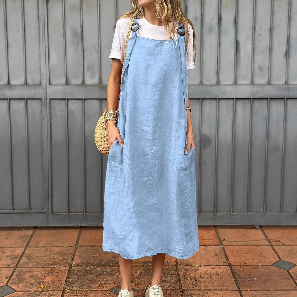 Summer Women's Adjustable Shoulder Strap Casual Cotton And Linen Dress