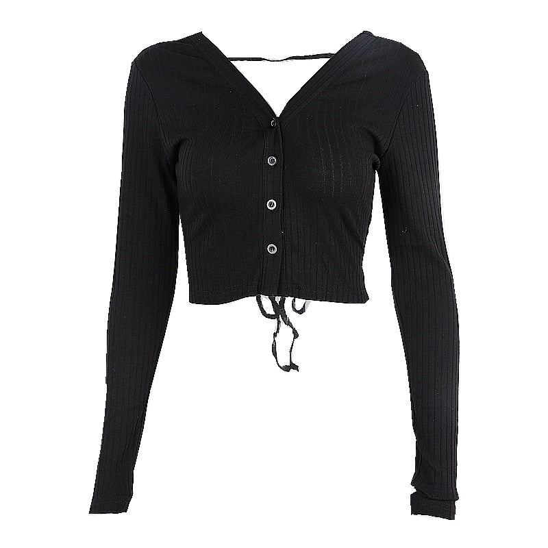 Women's V-Neck Buttoned Back Tie Long Sleeve Top
