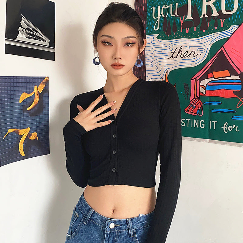 Women's V-Neck Buttoned Back Tie Long Sleeve Top
