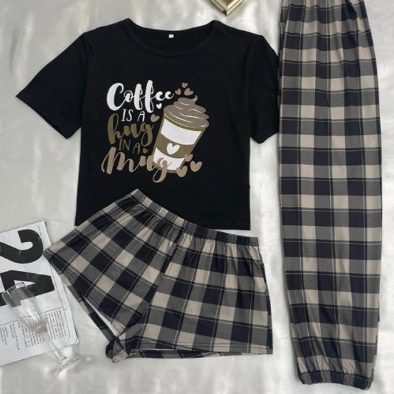 Three-piece Pajamas Women's Cartoon Plaid Shorts Trousers Home Wear