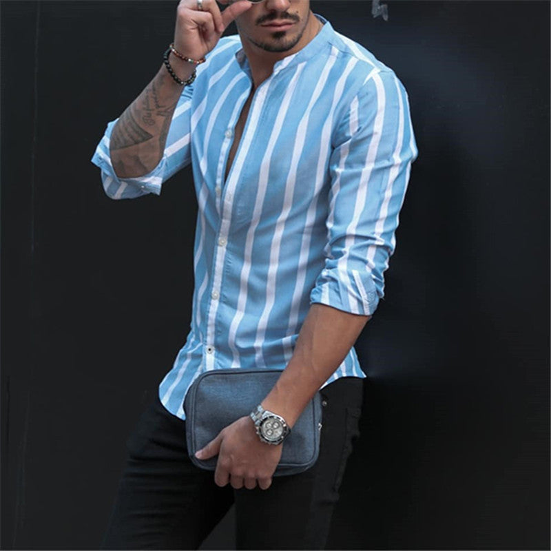 European And American Men's Stand Collar Striped Shirt