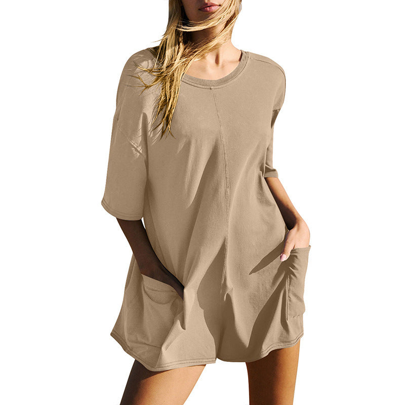 Casual Loose Short-sleeved Jumpsuit With Pockets New Crew Neck Shorts Overall Pants Summer Womens Clothing