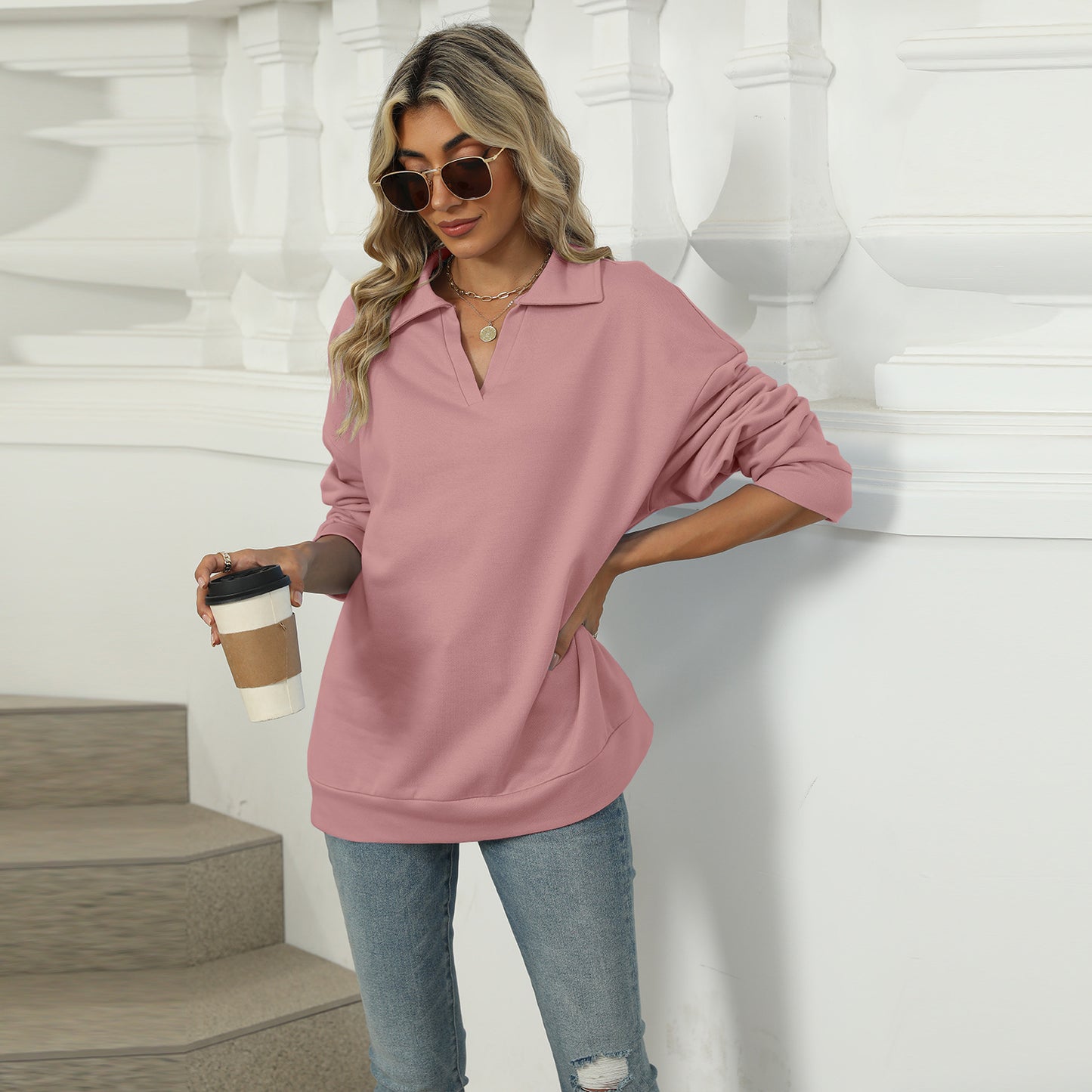New Lapel V-neck Sweatshirt Fashion Casual Loose Solid Color Long-sleeved Pullover Top For Womens Clothing