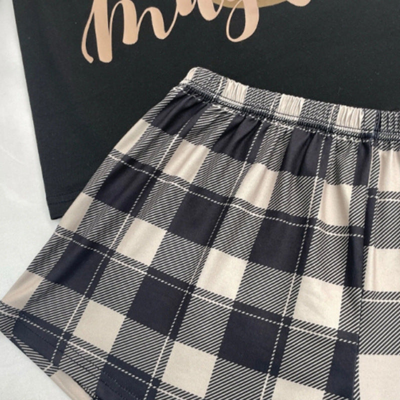 Three-piece Pajamas Women's Cartoon Plaid Shorts Trousers Home Wear