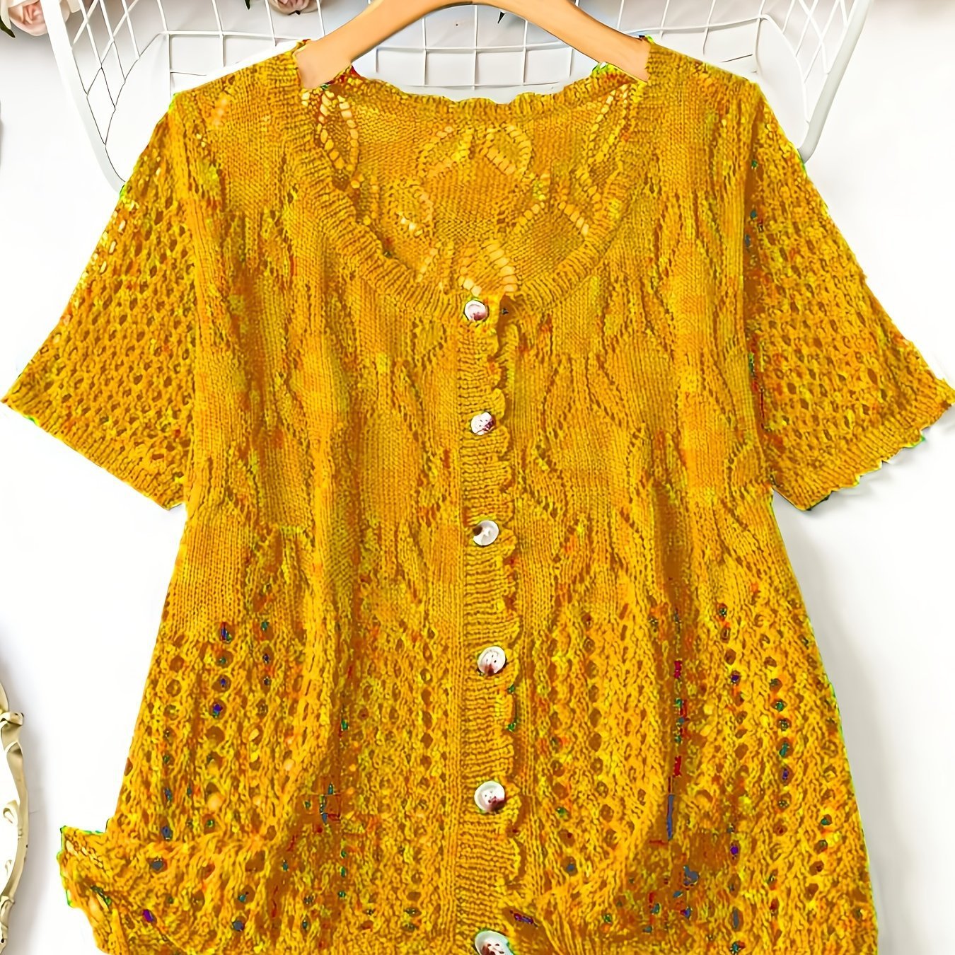 Women's Solid Color Hollow-out Button Short-sleeved Top