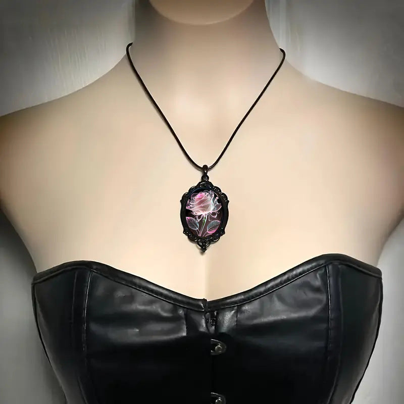 Charming Transparent Petal Rose Pattern Glass Pendant Necklace
