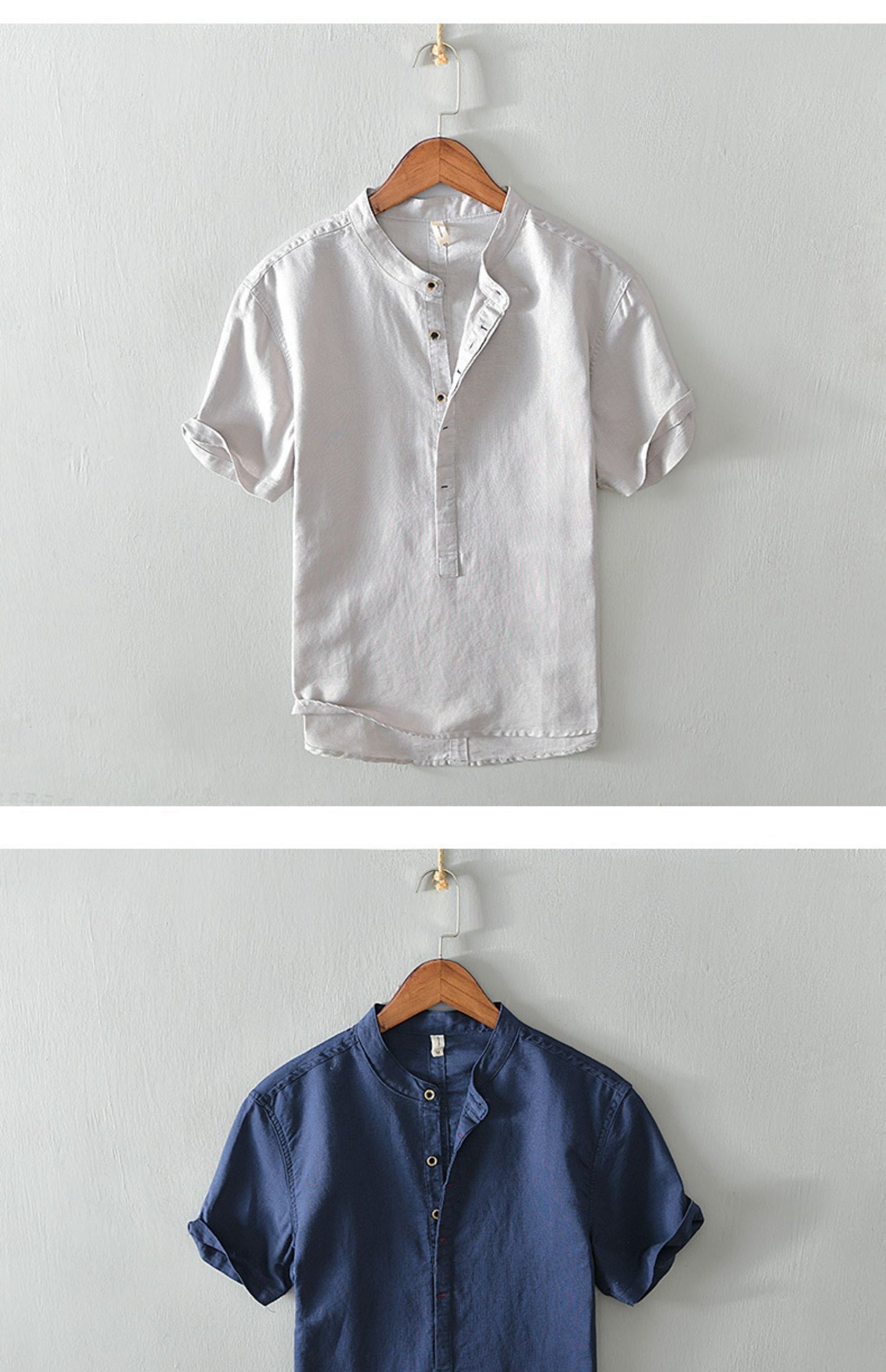 Stand Collar Pullover T-shirt Short Sleeve Men's Casual Cotton Linen Shirt