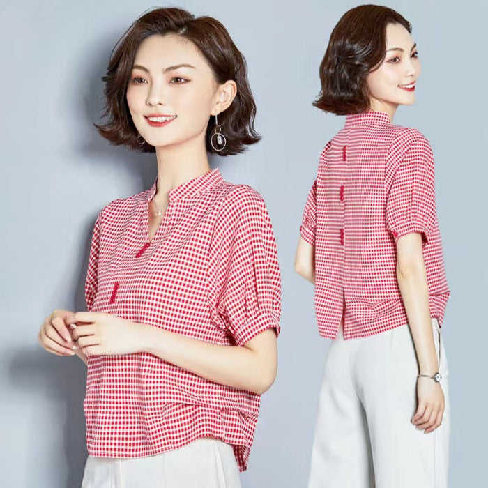 Women's Short-sleeved Plaid Chiffon Shirt Niche Design V-neck Belly-covering Coat
