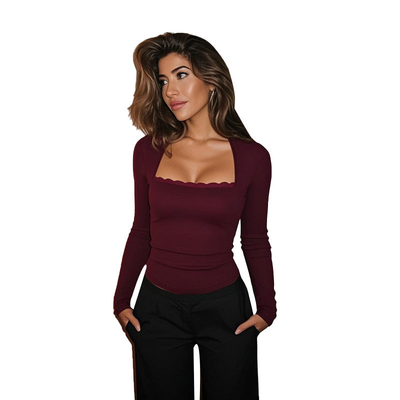 Square Collar Top Slim Fit Slimming Long Sleeves Commuter T-shirt