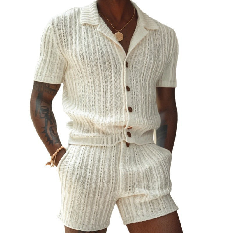 Casual Vertical Pattern Suit Slim Lapel Short Sleeve Button Shirt Shorts