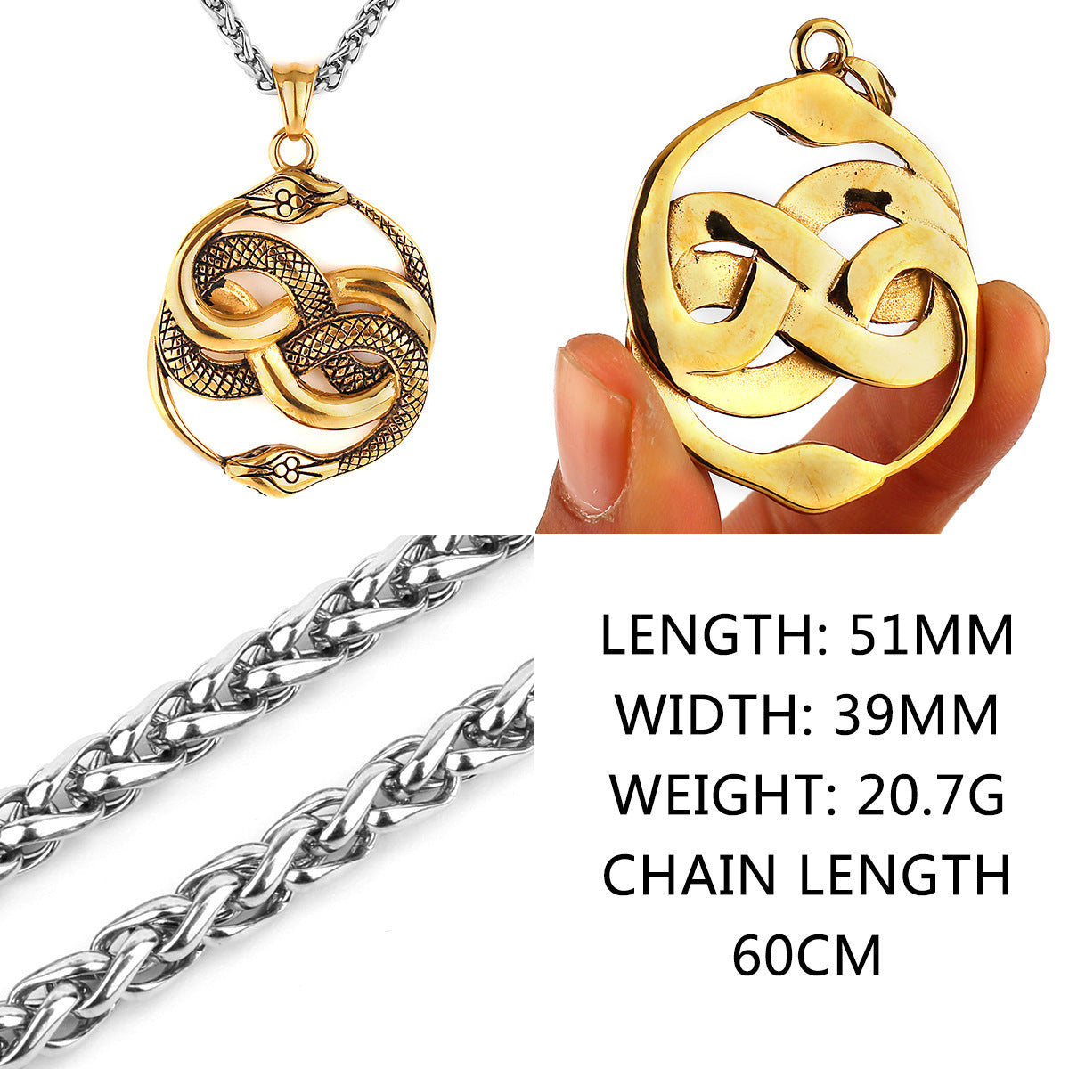 Mens Fashion Double Snake Staff Pendant Necklace