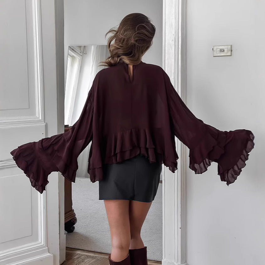 Brown Ruffled Chiffon Lace Stand Up Collar Shirt