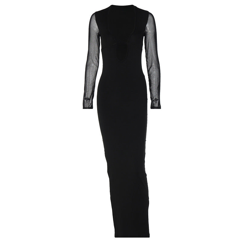 Women's Clothing Autumn And Winter New Hollow Mesh Long Sleeve Deep V-neck Lace-up Dress