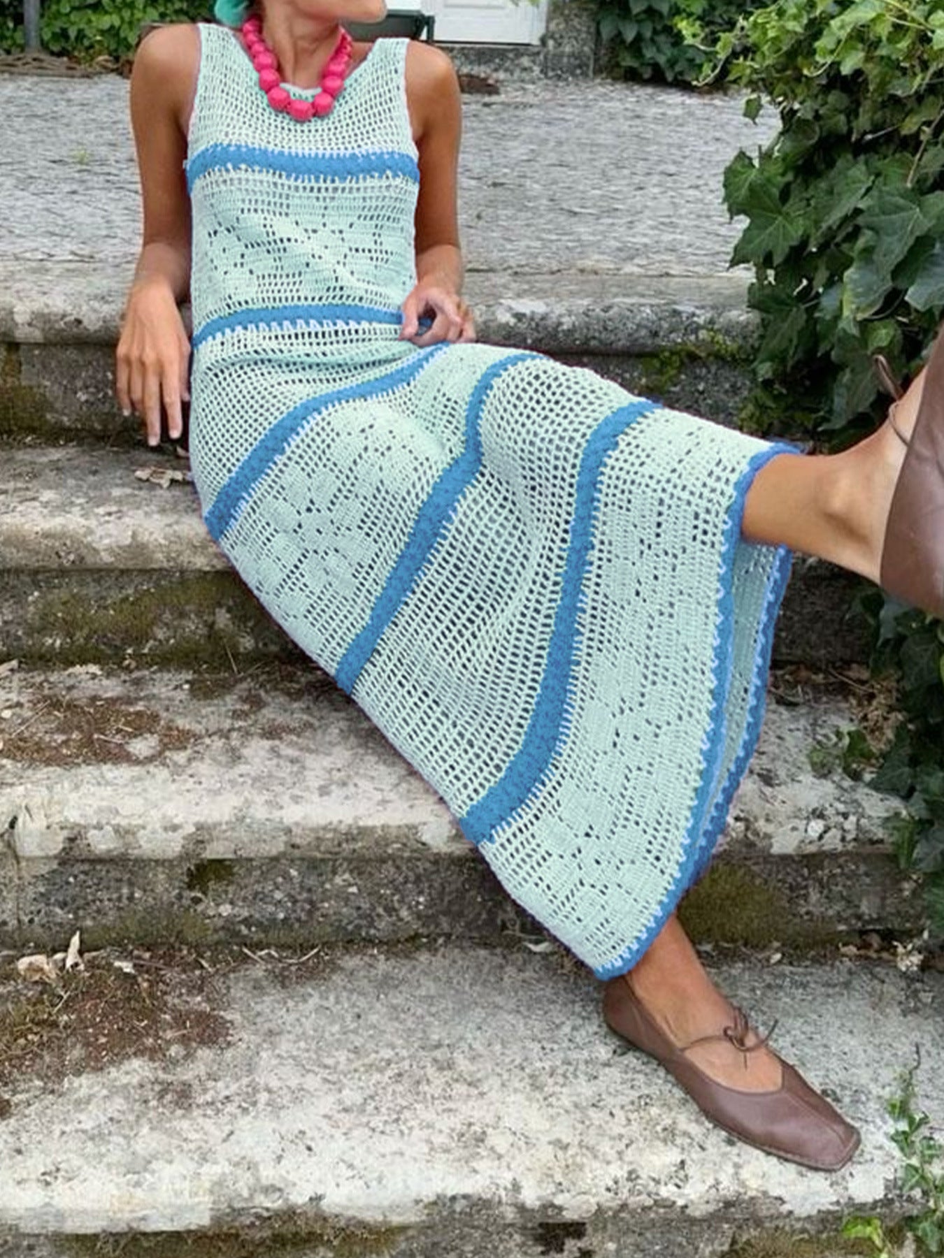 Knitted Sweater Contrast Color Vest Hollow Dress