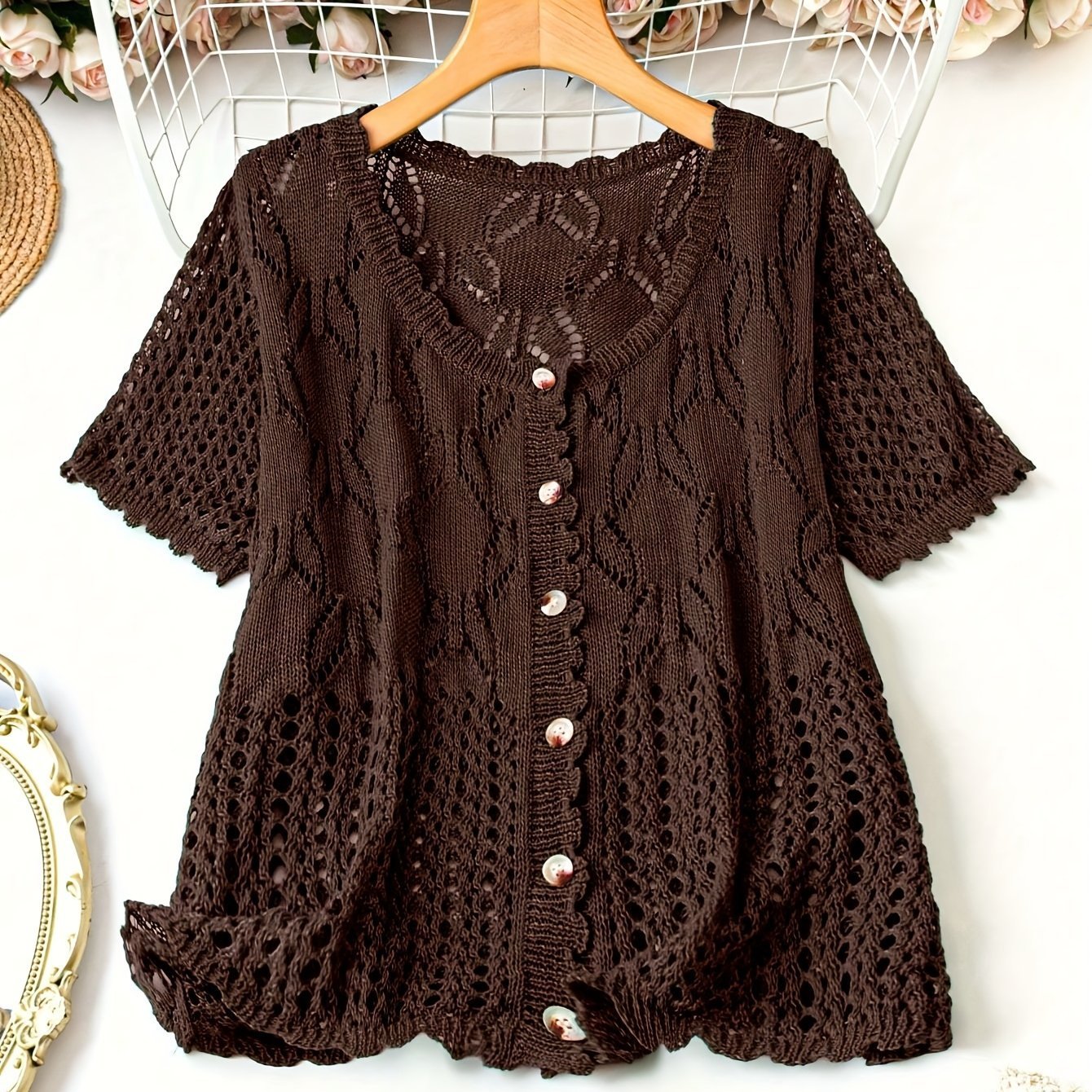 Women's Solid Color Hollow-out Button Short-sleeved Top
