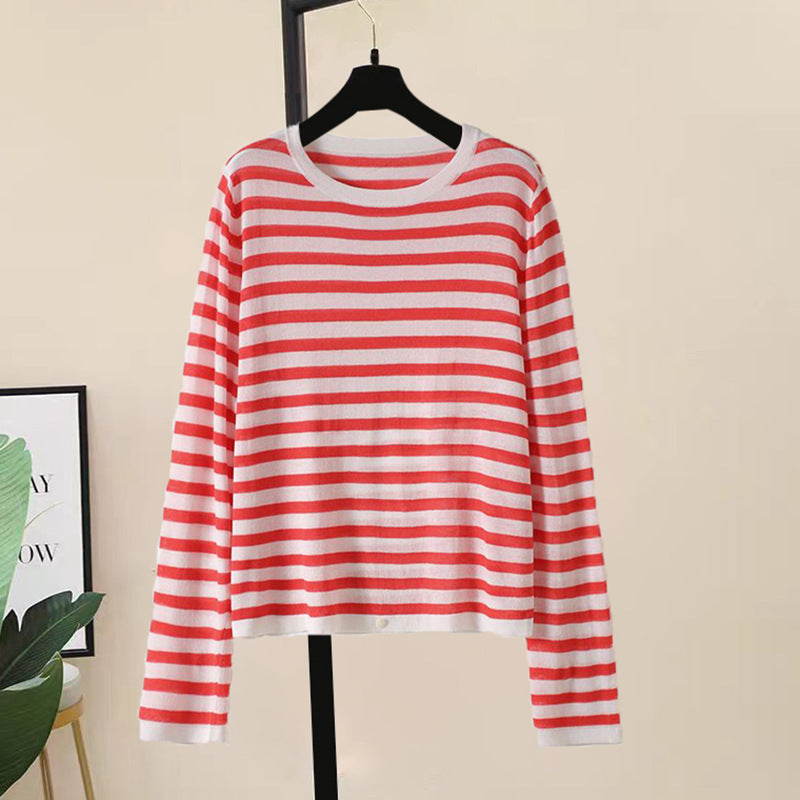 Women's Minimalist Striped Breathable Round Neck Long Sleeved Shirt