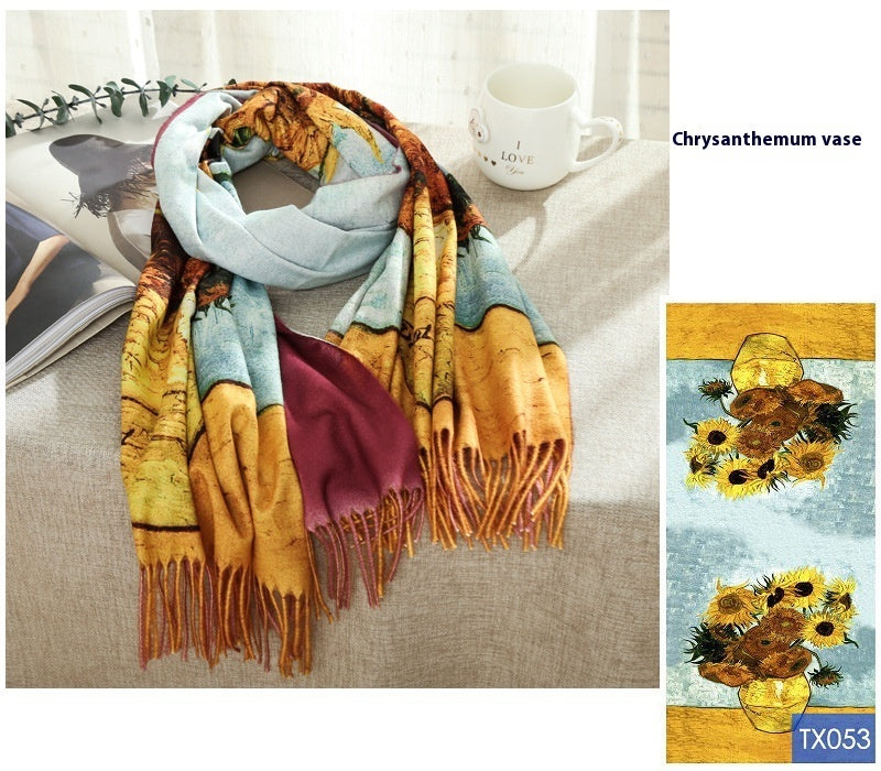Tassel Digital Printing Scarf Cashmere Oil Painting Shawl