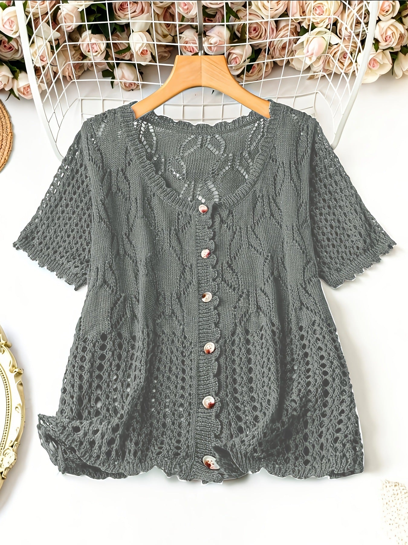 Women's Solid Color Hollow-out Button Short-sleeved Top