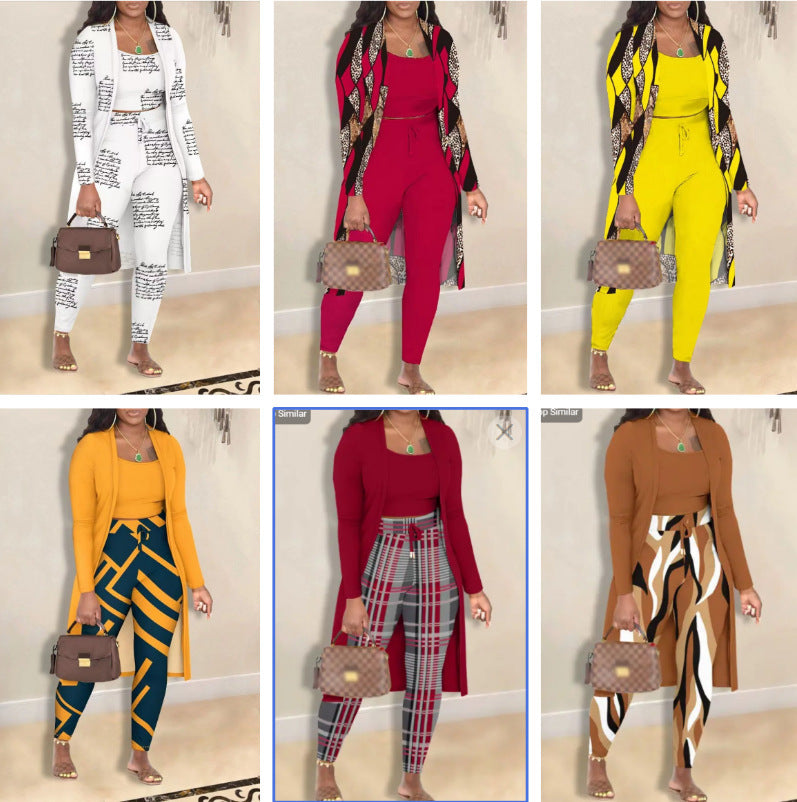 Women's Fashion Printed Coat Trousers Three-piece Suit
