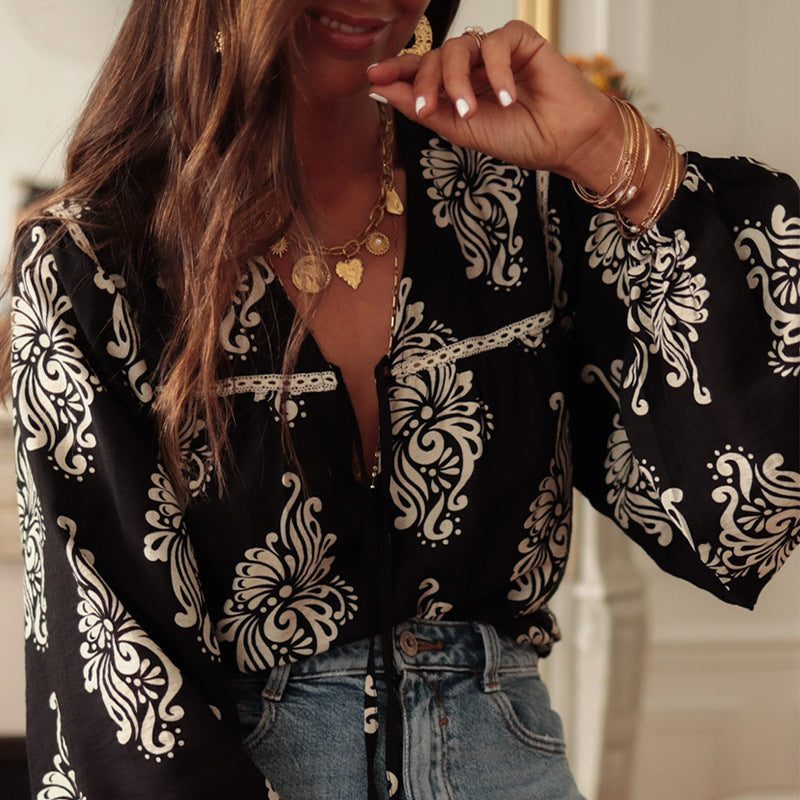 Women's Long-sleeved Printed Cotton Shirt