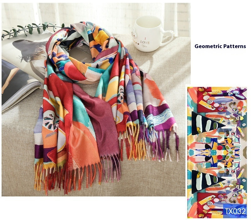 Tassel Digital Printing Scarf Cashmere Oil Painting Shawl