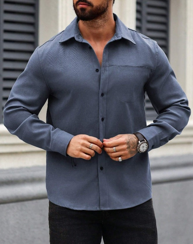 Men's Solid Color Pocket Shirt Long Sleeve Single-breasted Lining