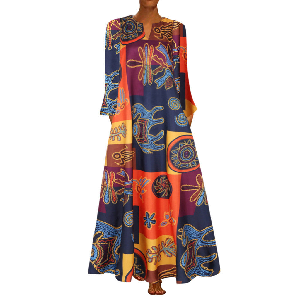 Women's V-neck Long Sleeve Pocket Printed Long Sleeve Dress