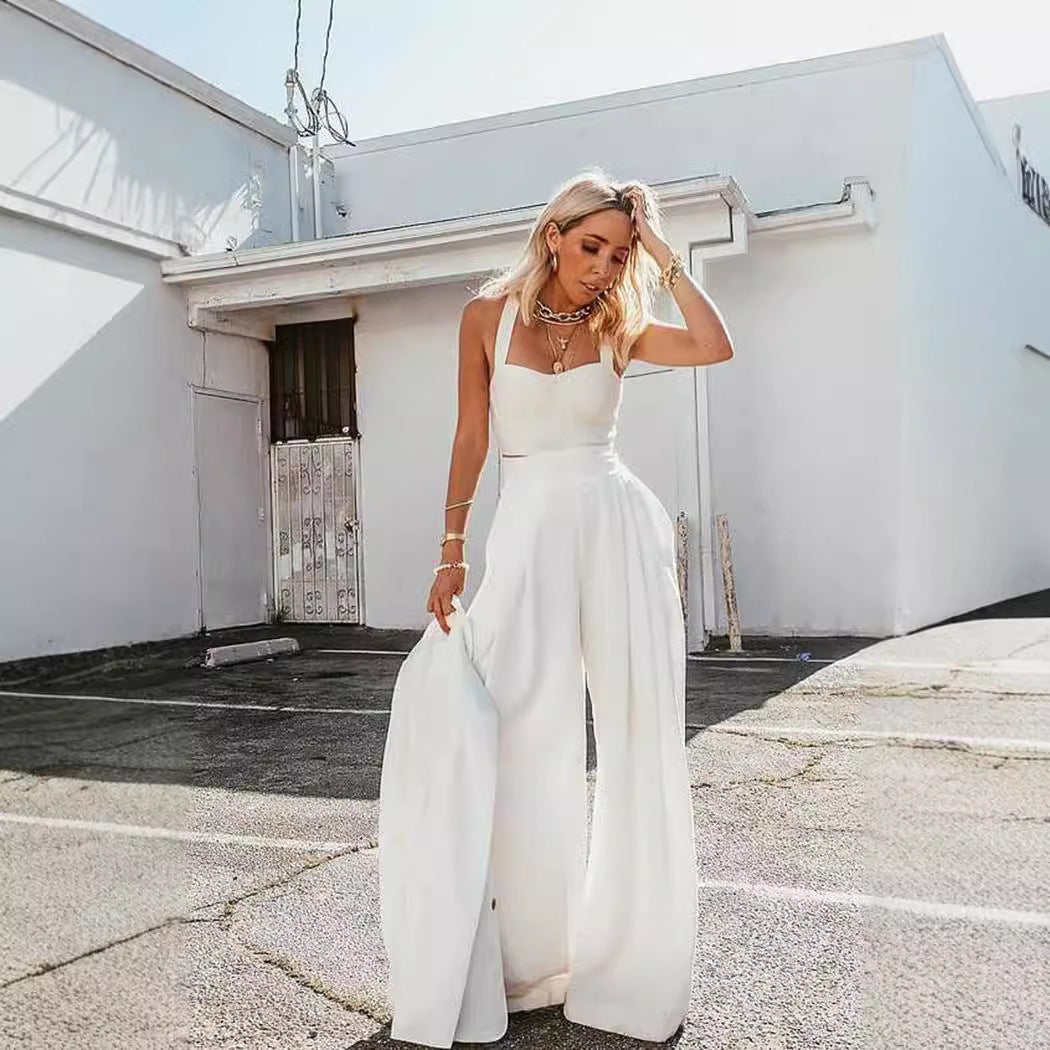 Sexy Spaghetti Straps Chest Wrap Vest Casual Loose Trousers Two-piece Set