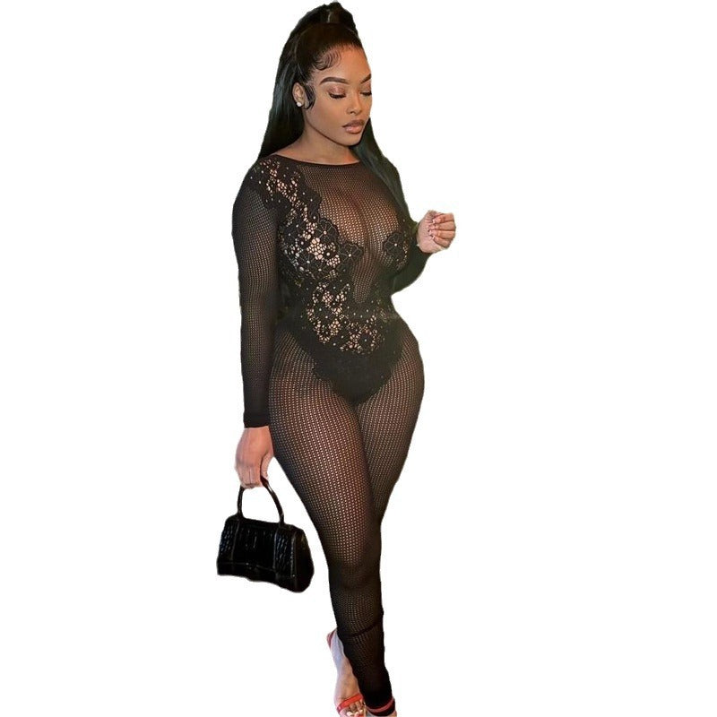 Round Neck Slim-fit Sexy Long Sleeve Women's Knitted Jumpsuit