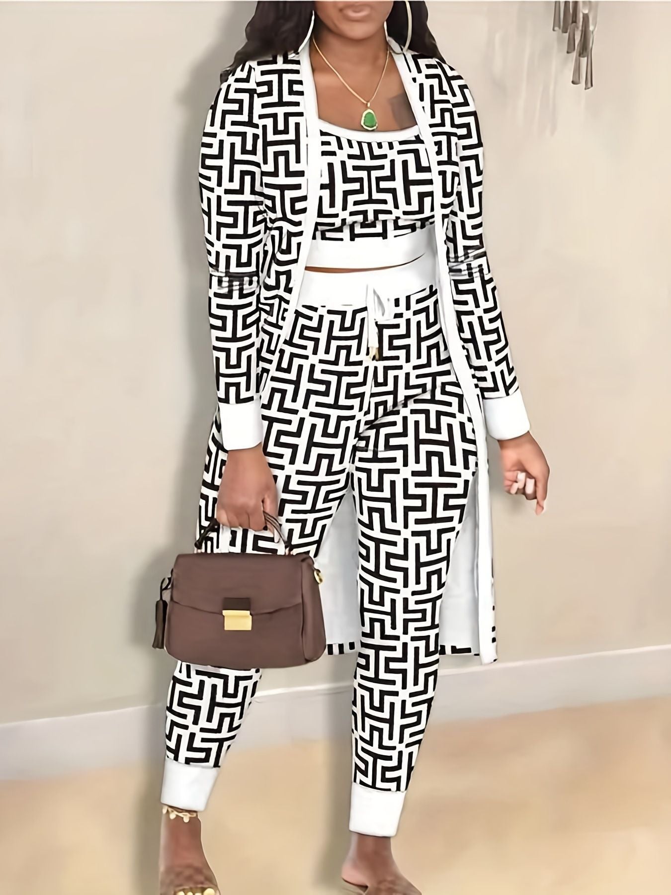 Women's Fashion Printed Coat Trousers Three-piece Suit