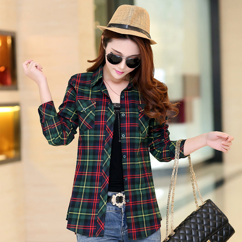 Korean Style Plaid Women's Autumn Clothing Slim Women Loose Cotton Long Sleeve Shirt