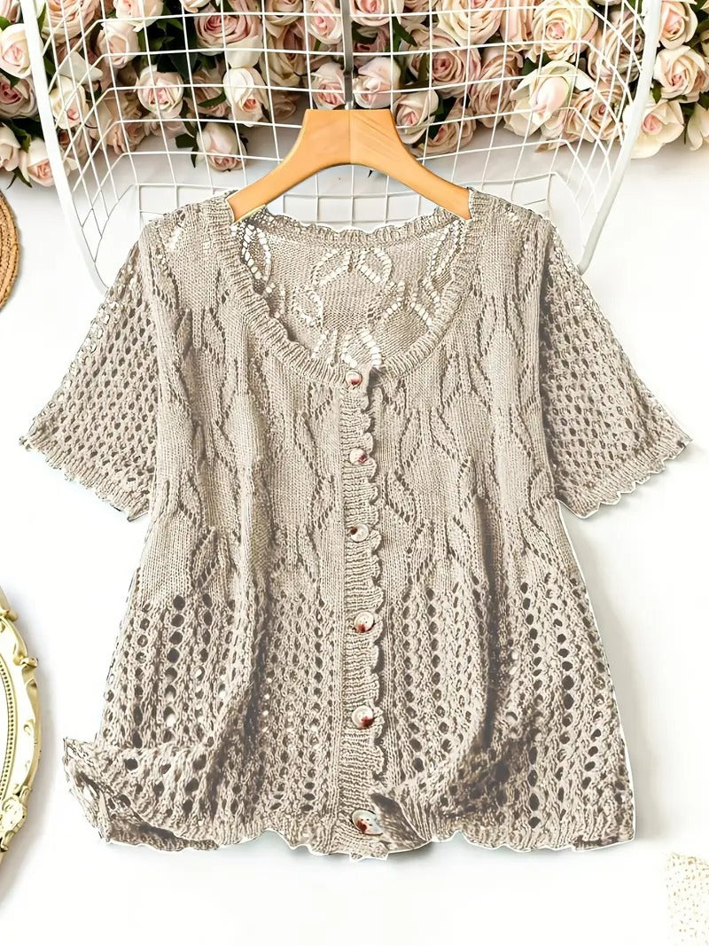 Women's Solid Color Hollow-out Button Short-sleeved Top