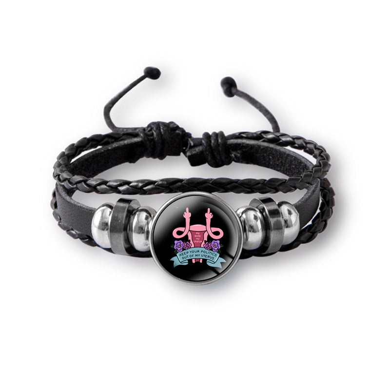 Mind Your Own Uterus Glass Snap Button Charm Bracelet Vintage Multi-layer Leather Bracelets For Women Men