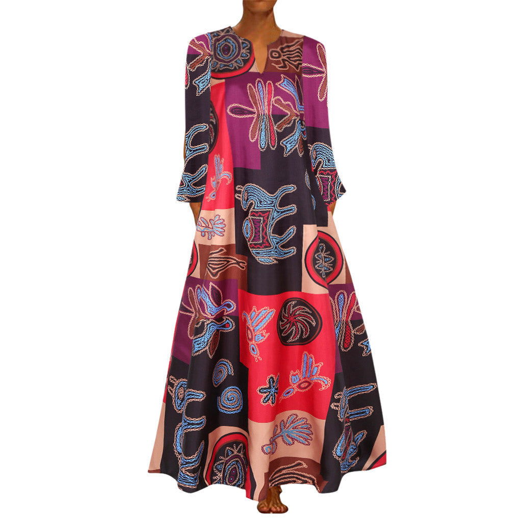 Women's V-neck Long Sleeve Pocket Printed Long Sleeve Dress