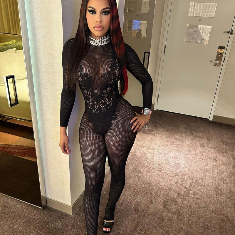 Round Neck Slim-fit Sexy Long Sleeve Women's Knitted Jumpsuit