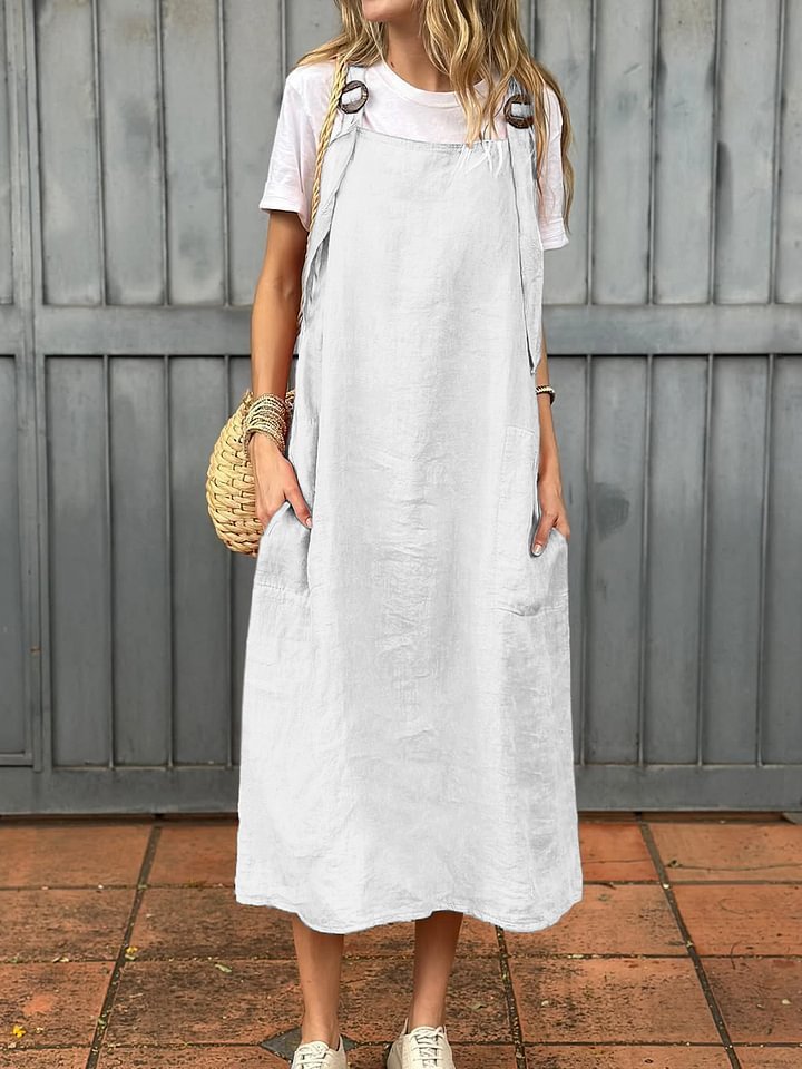 Summer Women's Adjustable Shoulder Strap Casual Cotton And Linen Dress