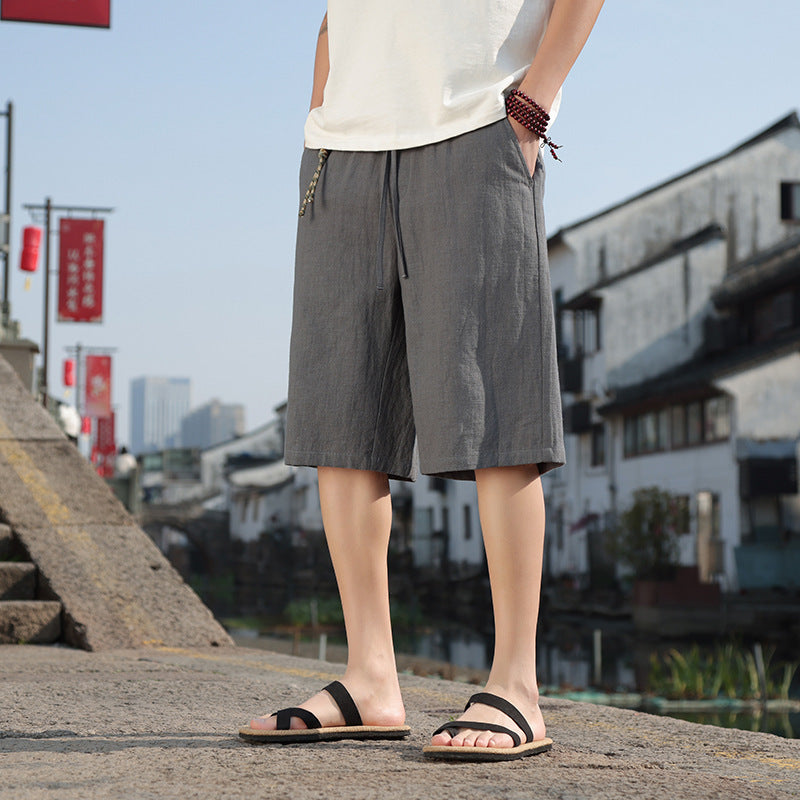 Fashion Solid Color Casual Summer Cotton Linen Straight Men's Shorts