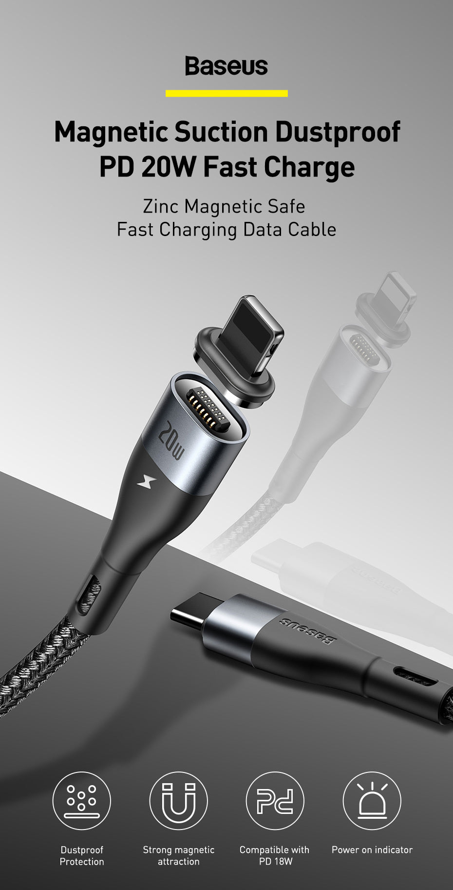 Compatible with Apple, Baseus Apple Iphone12 Mobile Phone Charging Cable Zinc Magnetic Fast Charging Data Cable PD20w Charging Cable Magnetic