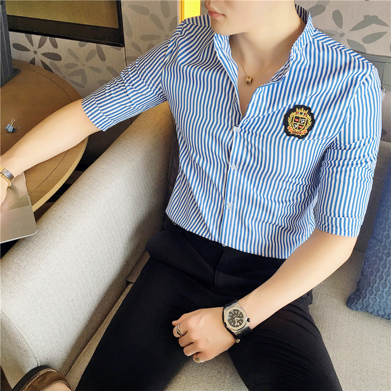 British Style Summer Slim Striped 5-Point Sleeve Shirt Navy Style Shirt