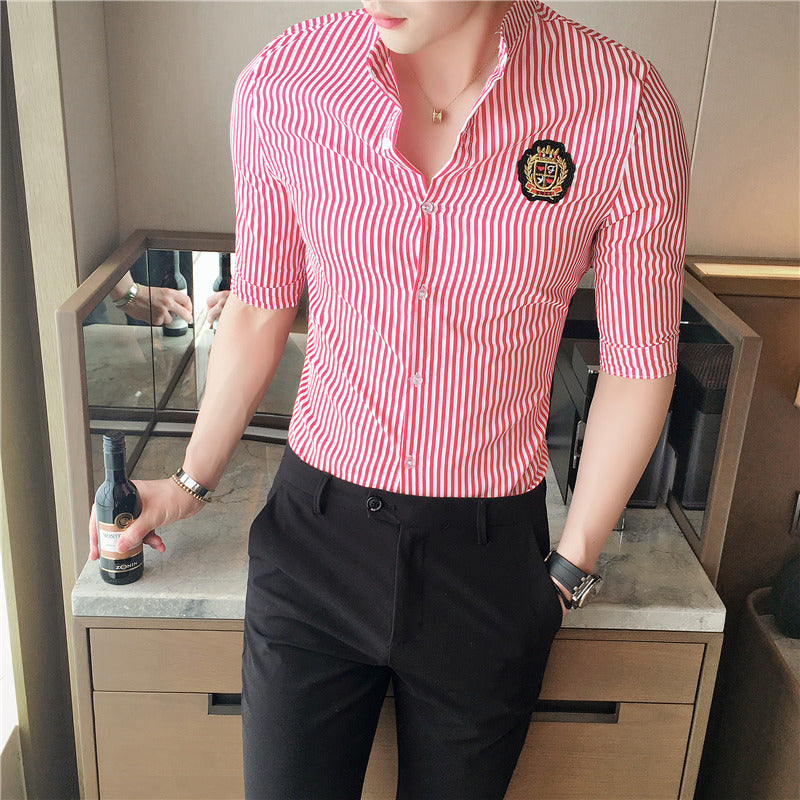 British Style Summer Slim Striped 5-Point Sleeve Shirt Navy Style Shirt
