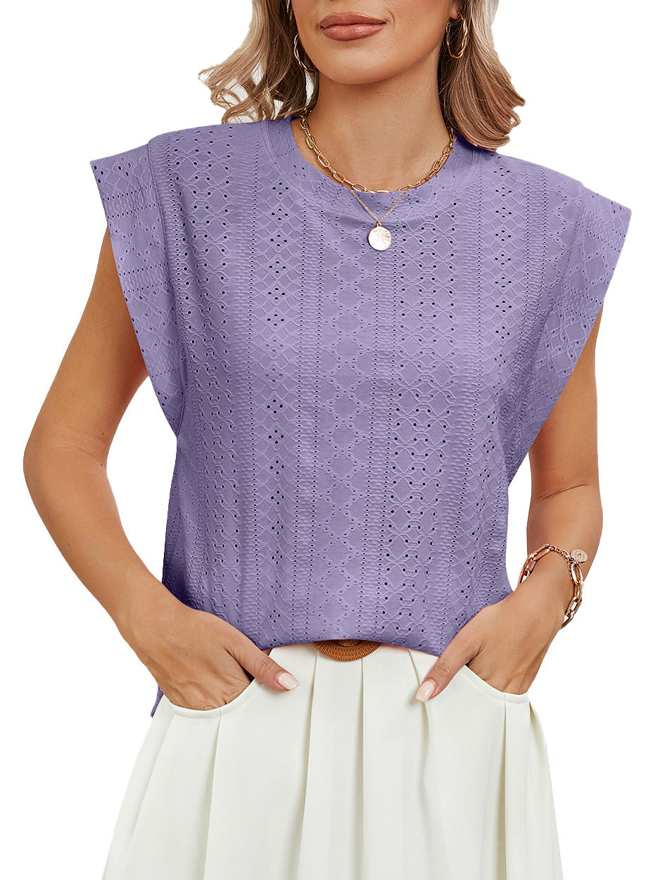 Summer Hollow Short-sleeved T-shirt Vest Fashion Solid Color Loose Round Neck Top For Womens Clothing