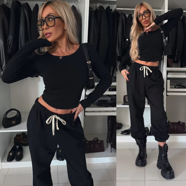 Women's Solid Color Casual Waist-exposure T-shirt Trousers
