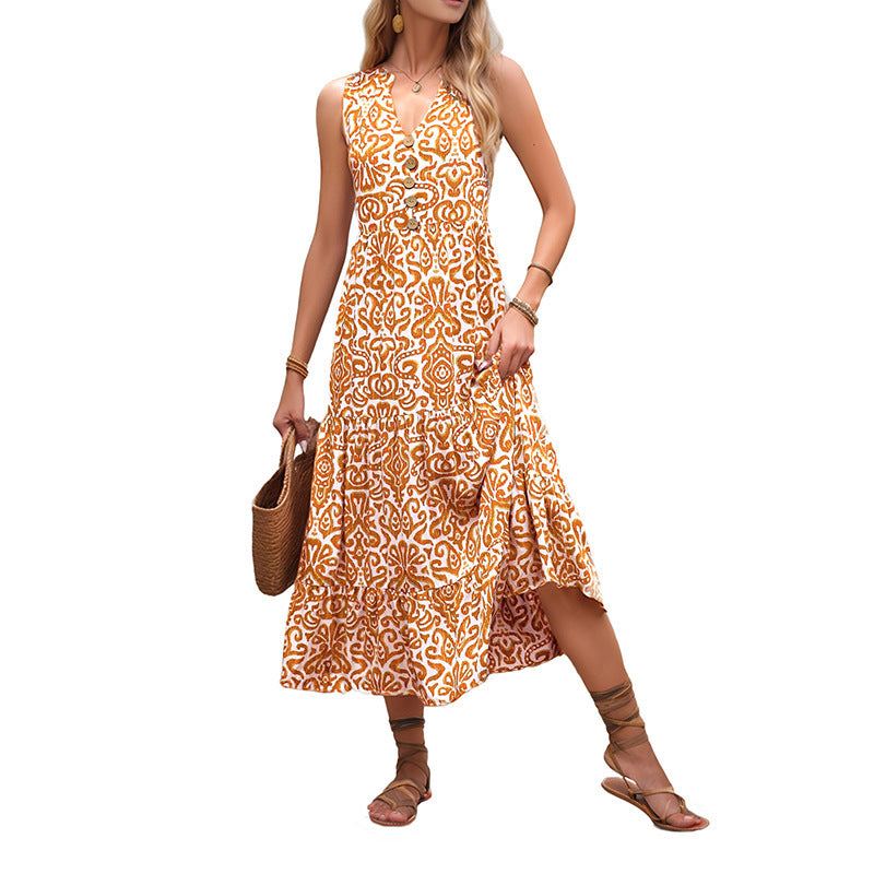 Mid-length Fashion Sleeveless V-neck Abstract Pattern Printed Dress