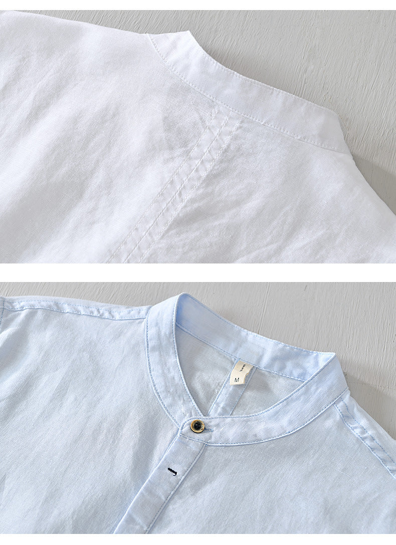 Stand Collar Pullover T-shirt Short Sleeve Men's Casual Cotton Linen Shirt