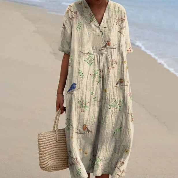 V-neck Digital Printing Pleated Large Version Dress