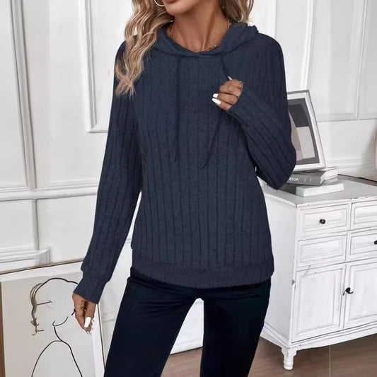 Casual Rib Sunken Stripe Pullover Hooded Long Sleeves Sweater