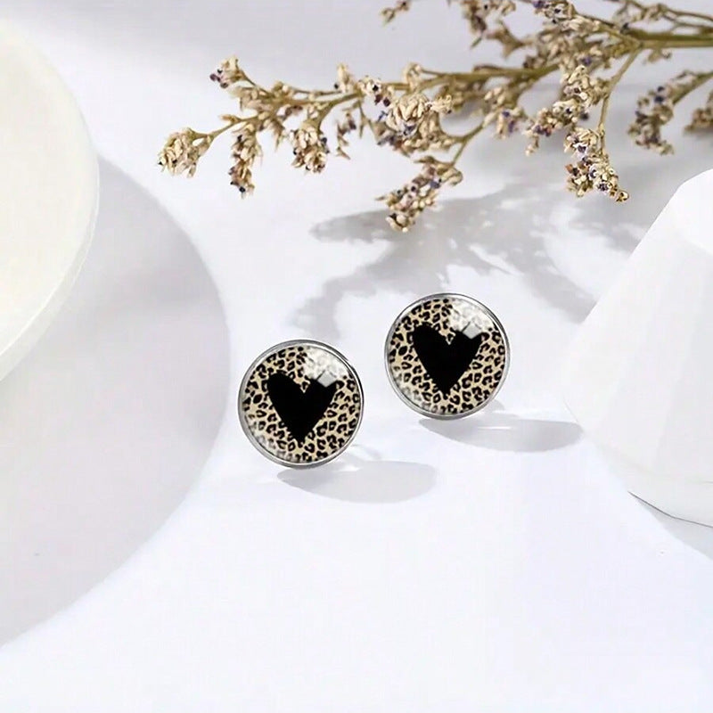 Personality Leopard Print Stud Earrings Time Stone Glass Stainless Steel