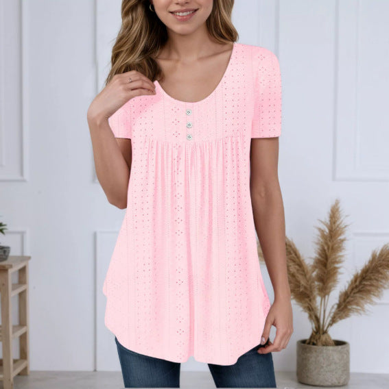 Summer New Round Neck Short Sleeve Top Loose Solid Color Hollow T-shirt